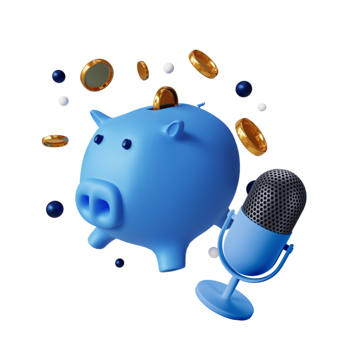 A blue piggy bank with a microphone and coins.